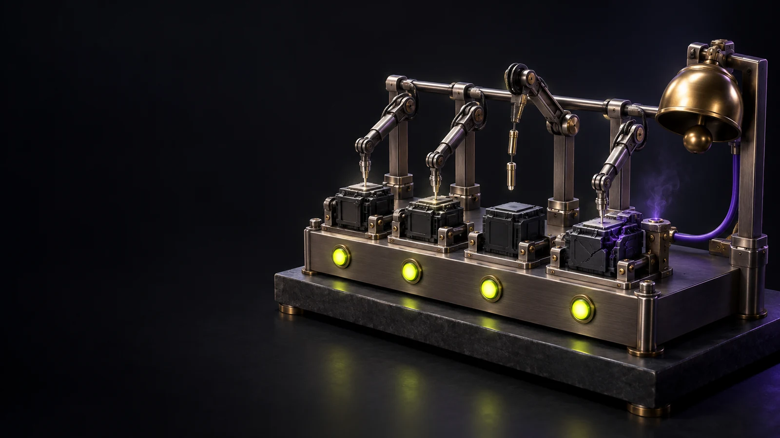 深色檢測台上的四盞綠燈全亮,其中一支探針懸空;右側警報鈴的紫色電線接回冒煙、裂開的故障模組